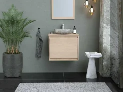 Hangend Badkamermeubel Met Opzet Wastafel Van Steen - Eiken Fineer - 60 Cm - Mesliva-Vente-unique Discount