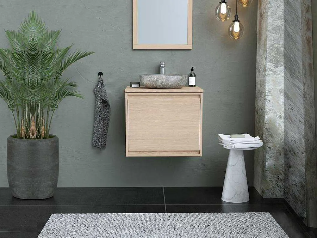 Hangend Badkamermeubel Met Opzet Wastafel Van Steen - Eiken Fineer - 60 Cm - Mesliva-Vente-unique Discount