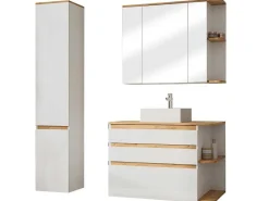 Hangend Badkamermeubel Met Wastafel, Zuil En Spiegelkast - Naturel En Wit - 94 Cm - Anid-Vente-unique Discount
