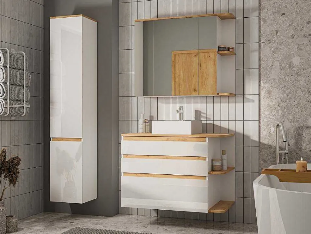Hangend Badkamermeubel Met Wastafel, Zuil En Spiegelkast - Naturel En Wit - 94 Cm - Anid-Vente-unique Discount