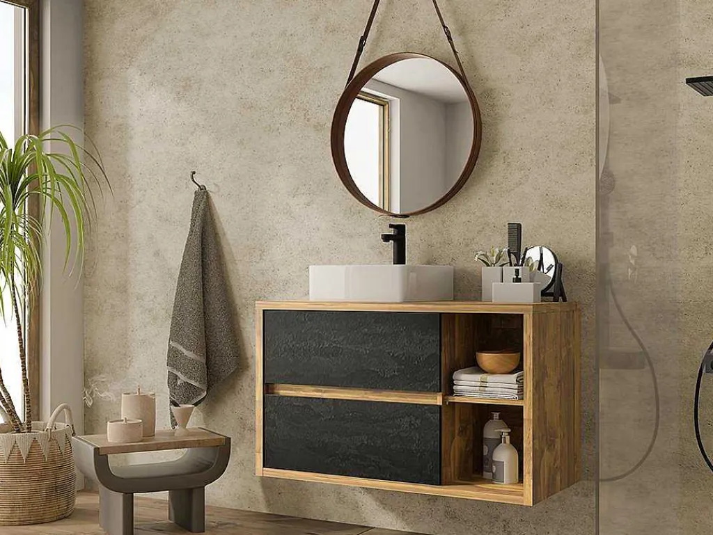 Hangend Badkamermeubel Met Enkele Wastafel - Naturel En Antraciet - 100 Cm - Tikitiki-Vente-unique