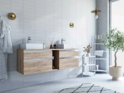 Hangend Badkamermeubel Met Dubbele Wastafel - Natuurlijk Licht Kleur - 150 Cm - Magdalena Ii-Vente-unique Clearance