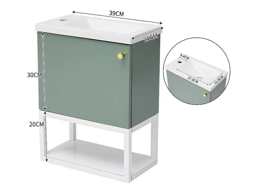 Hangend Badkamermeubel Met Ingebouwde Wastafel - 1 Deur En 1 Open Metalen Plank - Lichtgroen (Kraan Niet Inbegrepen)-ModernLuxe Discount