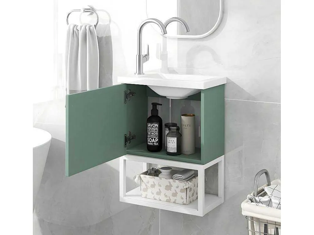Hangend Badkamermeubel Met Ingebouwde Wastafel - 1 Deur En 1 Open Metalen Plank - Lichtgroen (Kraan Niet Inbegrepen)-ModernLuxe Discount