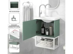 Hangend Badkamermeubel Met Ingebouwde Wastafel - 1 Deur En 1 Open Metalen Plank - Lichtgroen (Kraan Niet Inbegrepen)-ModernLuxe Discount