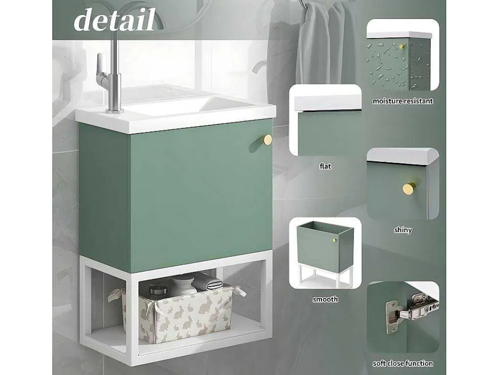 Hangend Badkamermeubel Met Ingebouwde Wastafel - 1 Deur En 1 Open Metalen Plank - Lichtgroen (Kraan Niet Inbegrepen)-ModernLuxe Discount