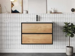 Hangend Badkamermeubel Met Ingebouwde Wastafel - Licht Naturel En Zwart - 80 Cm - Lannick-Vente-unique Best