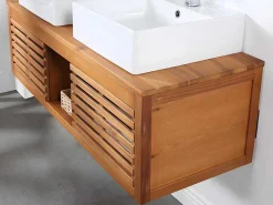 Hangend Badkamermeubel Van Acaciahout Met Dubbele Wastafel En Spiegels - 130 Cm - Penebel-Vente-unique Best