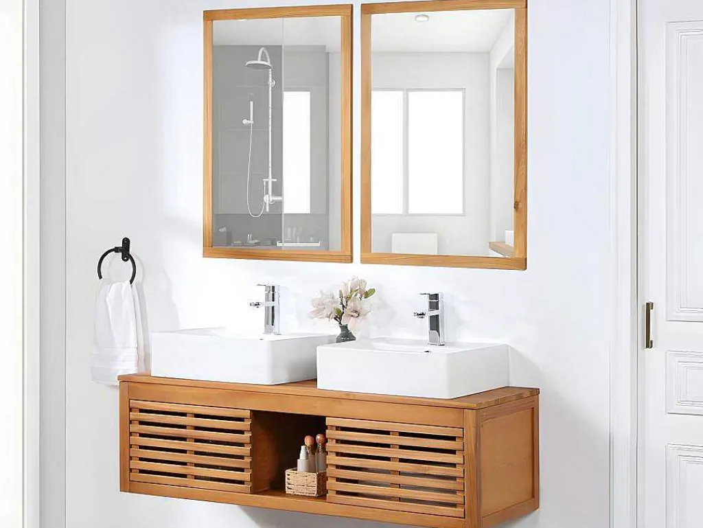 Hangend Badkamermeubel Van Acaciahout Met Dubbele Wastafel En Spiegels - 130 Cm - Penebel-Vente-unique Best