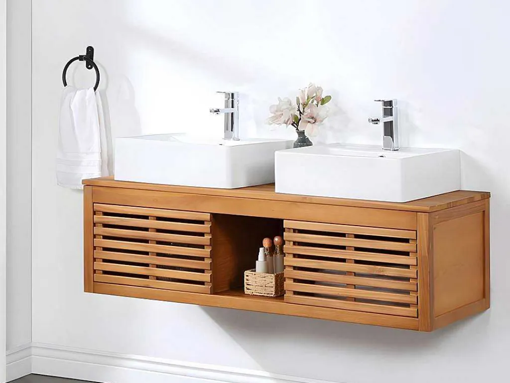 Hangend Badkamermeubel Van Acaciahout Met Dubbele Wastafel - 130 Cm - Penebel-Vente-unique Sale