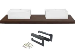 Hangend Bureau Van Donker Teakhout Met Zwarte Beugels En Dubbele Wastafel - 150 X 50 Cm - Sukawati-Vente-unique Clearance