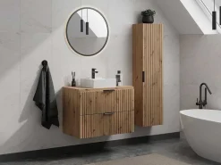 Hangend Geribbeld Badkamermeubel Met Wastafel Om Te Plaatsen - Licht Naturel - 80 Cm - Zevara-Vente-unique Discount