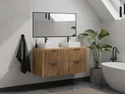 Hangend, Geribbeld Wastafelmeubel Met Opzetwastafel - Lichte Houtlook - L120 Cm - Zevara-Vente-unique