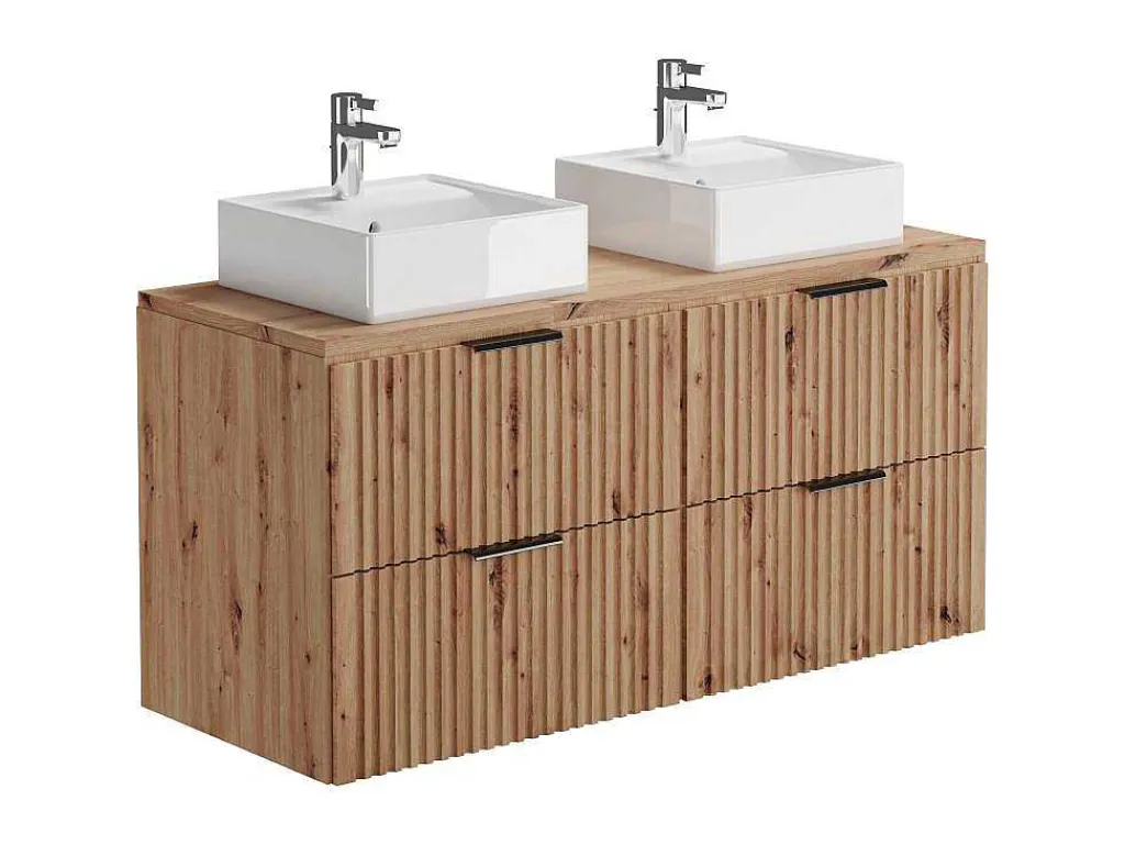 Hangend, Geribbeld Wastafelmeubel Met Opzetwastafel - Lichte Houtlook - L120 Cm - Zevara-Vente-unique