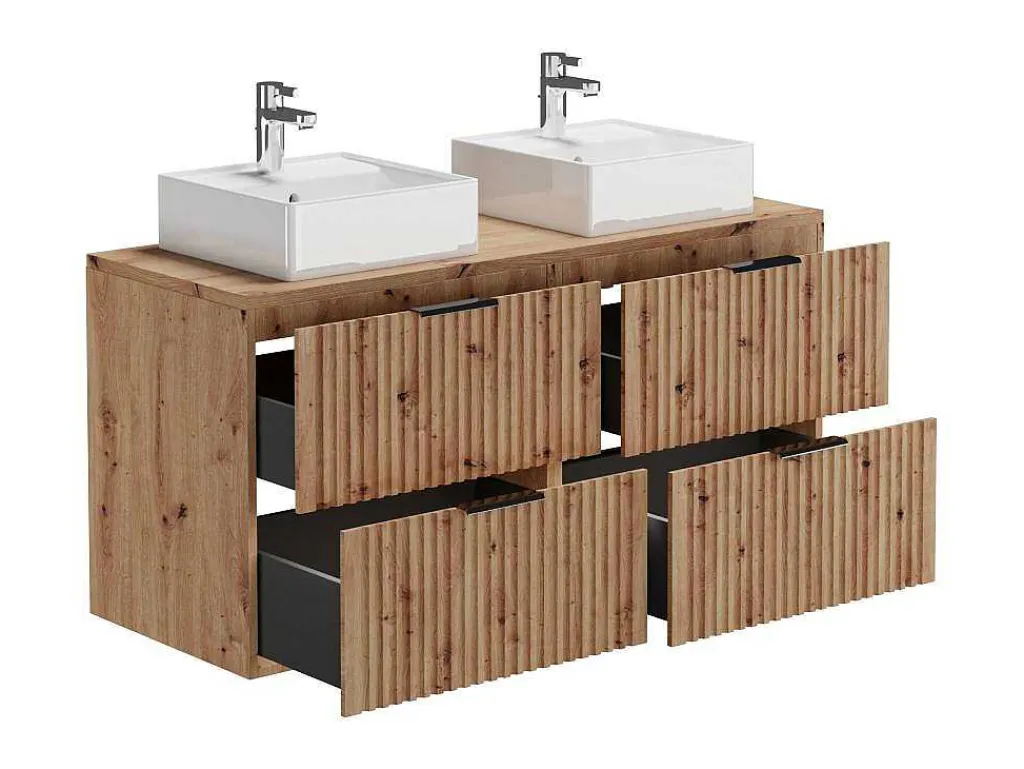 Hangend, Geribbeld Wastafelmeubel Met Opzetwastafel - Lichte Houtlook - L120 Cm - Zevara-Vente-unique