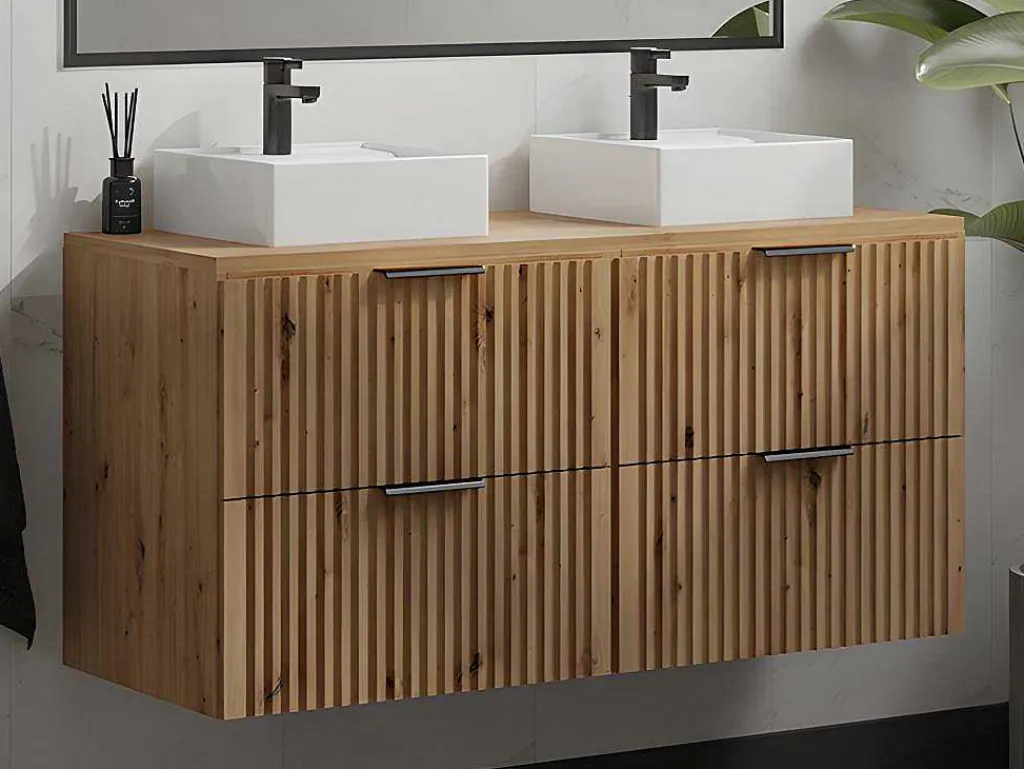 Hangend, Geribbeld Wastafelmeubel Met Opzetwastafel - Lichte Houtlook - L120 Cm - Zevara-Vente-unique
