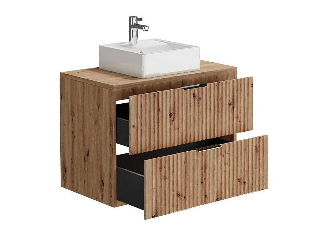 Hangend, Geribbeld Wastafelmeubel Met Opzetwastafel - Lichte Houtlook - L80 Cm - Zevara-Vente-unique Hot