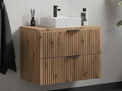 Hangend, Geribbeld Wastafelmeubel Met Opzetwastafel - Lichte Houtlook - L80 Cm - Zevara-Vente-unique Hot