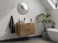 Hangend, Geribbeld Wastafelmeubel Met Opzetwastafel - Lichte Houtlook - L80 Cm - Zevara-Vente-unique Hot