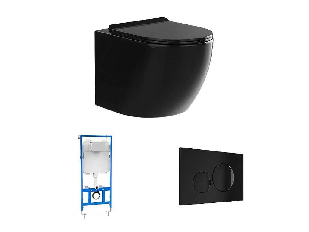 Hangend Toilet Pakket In Glanzend Zwart Met Inbouwreservoir En Bedieningsplaat - Javoine-Vente-unique Best