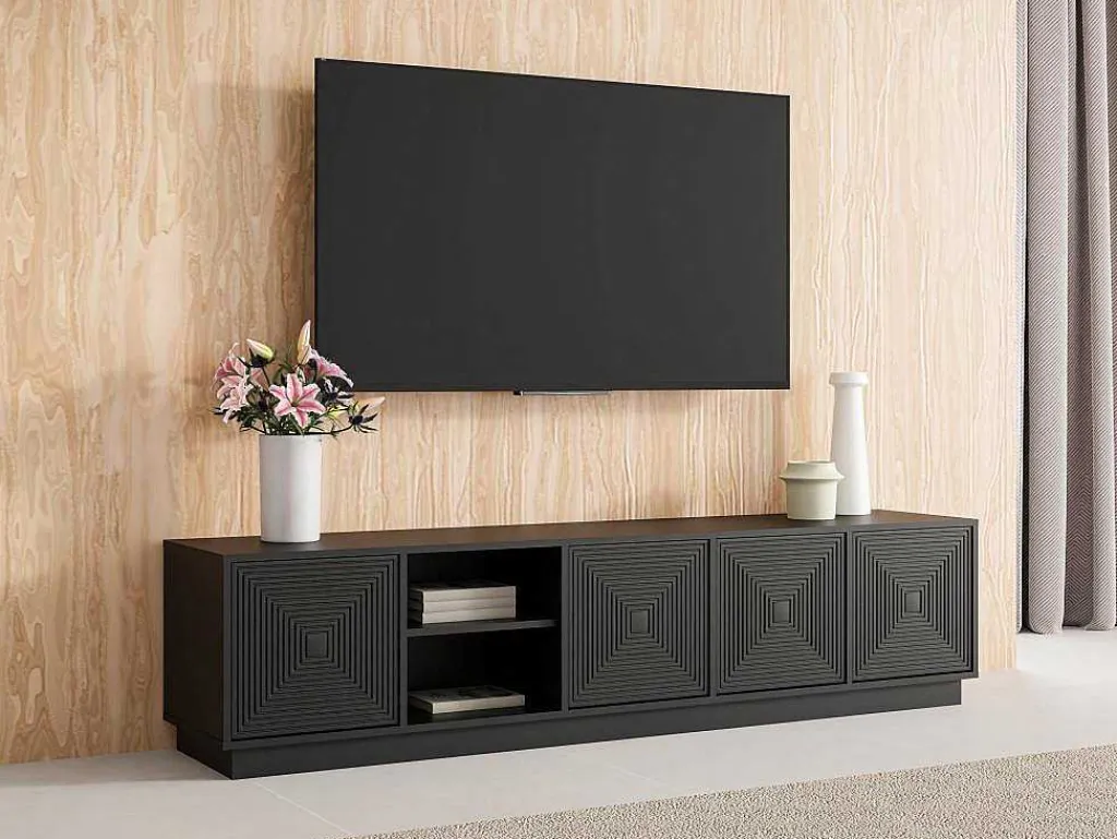 Hangend Tv-Meubel Met 4 Deuren En 2 Nissen Van Mdf - Zwart - Mezulia-Vente-unique Discount