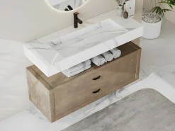 Hangende Solid Surface Wastafel In Wit Marmer Effect Takotna - L.120.2 X B.45.2 X H.8 Cm-Shower & Design Hot