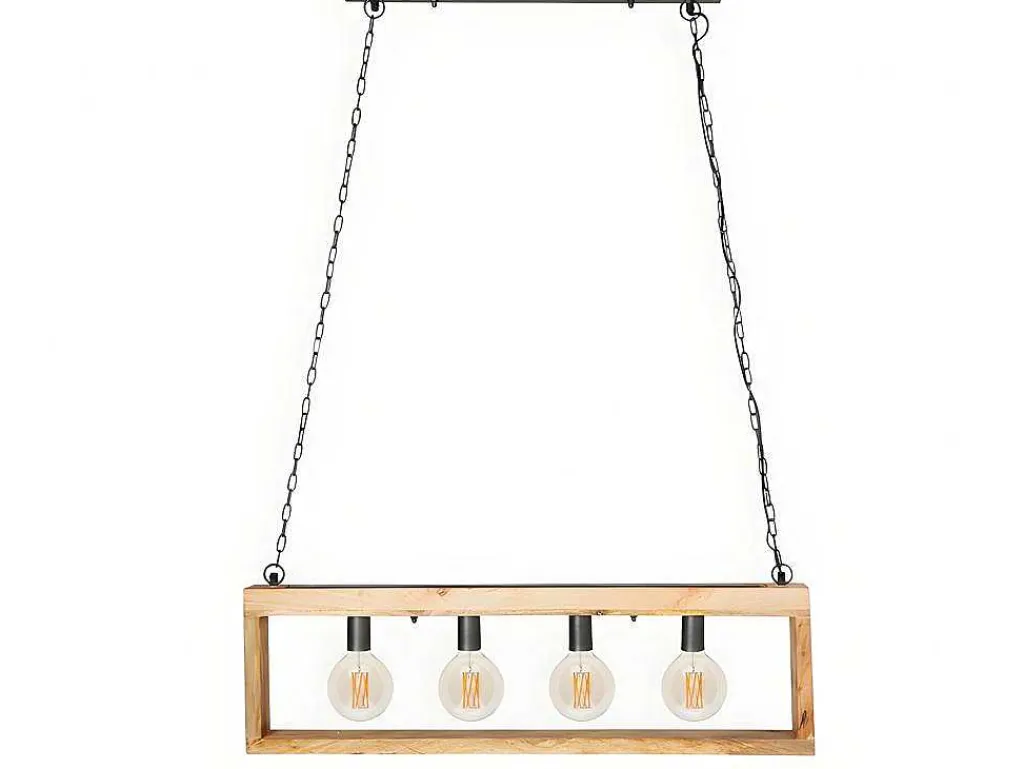 Hanglamp In Industriele Stijl Olius - Hout En Metaal - 4 Lampen - H31 X L100 Cm - Naturel En Zwart-OZAIA Online