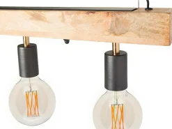 Hanglamp Van Hout Julbo Met 5 Lampen In Industriele Stijl - Hout En Metaal - H17,5 X L100 Cm - Naturel En Zwart-Vente-unique Discount