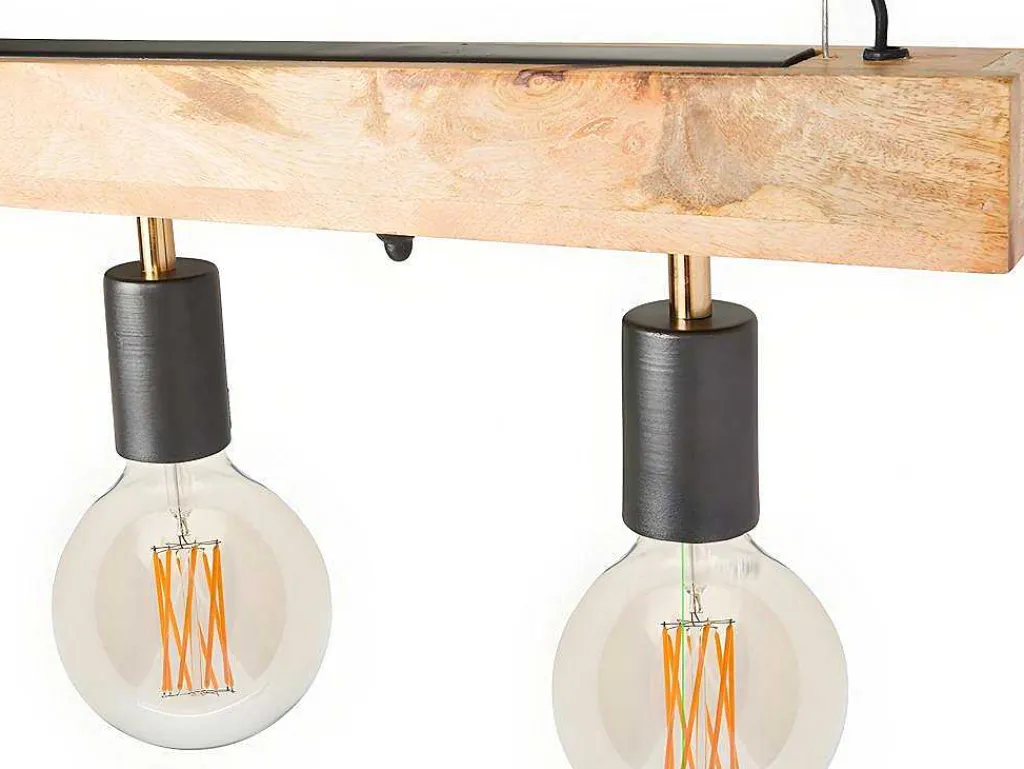 Hanglamp Van Hout Julbo Met 5 Lampen In Industriele Stijl - Hout En Metaal - H17,5 X L100 Cm - Naturel En Zwart-Vente-unique Discount