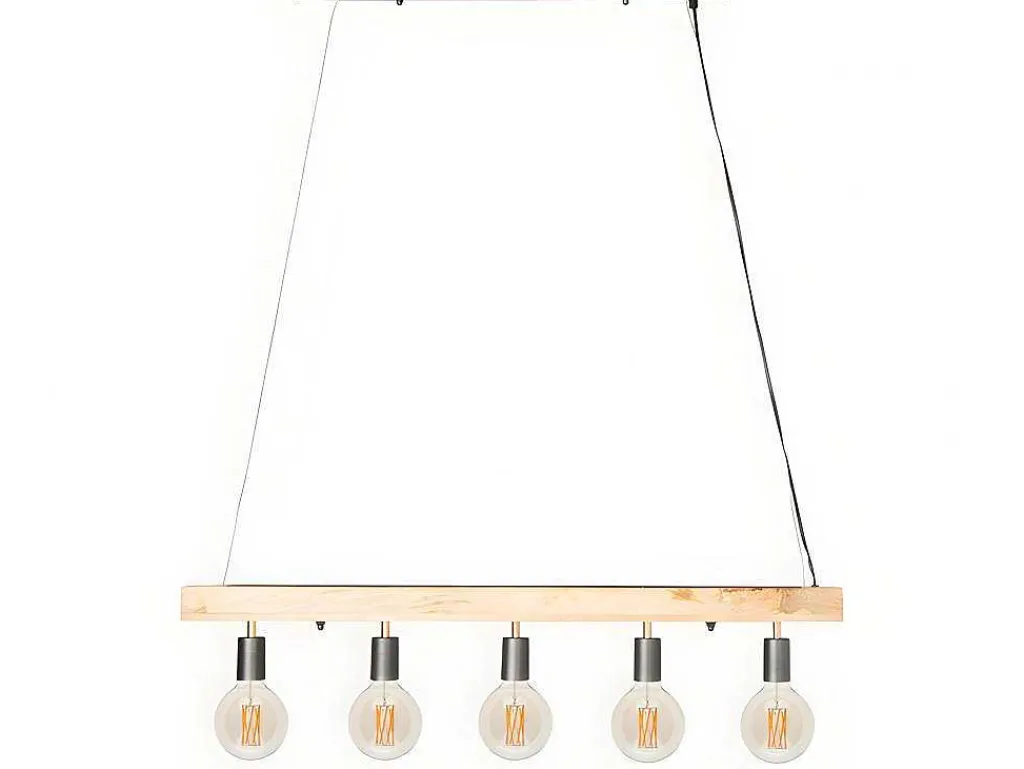 Hanglamp Van Hout Julbo Met 5 Lampen In Industriele Stijl - Hout En Metaal - H17,5 X L100 Cm - Naturel En Zwart-Vente-unique Discount