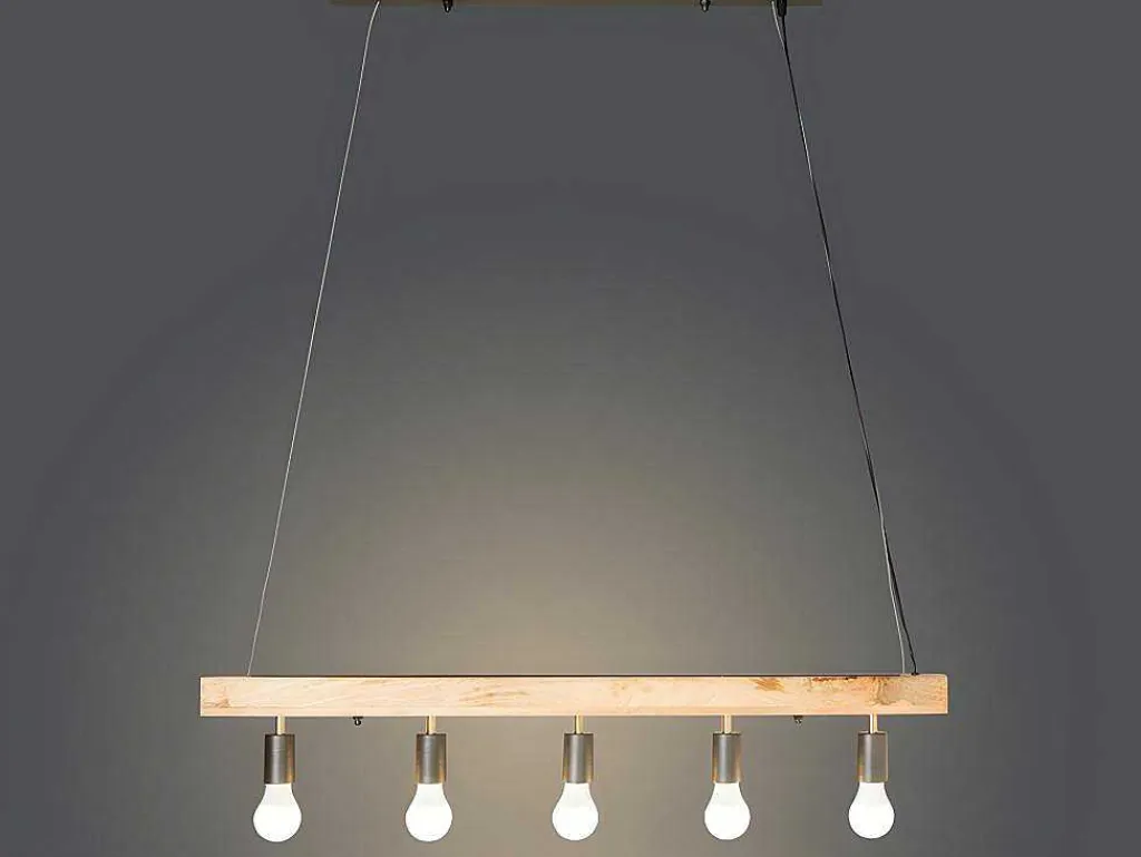 Hanglamp Van Hout Julbo Met 5 Lampen In Industriele Stijl - Hout En Metaal - H17,5 X L100 Cm - Naturel En Zwart-Vente-unique Discount
