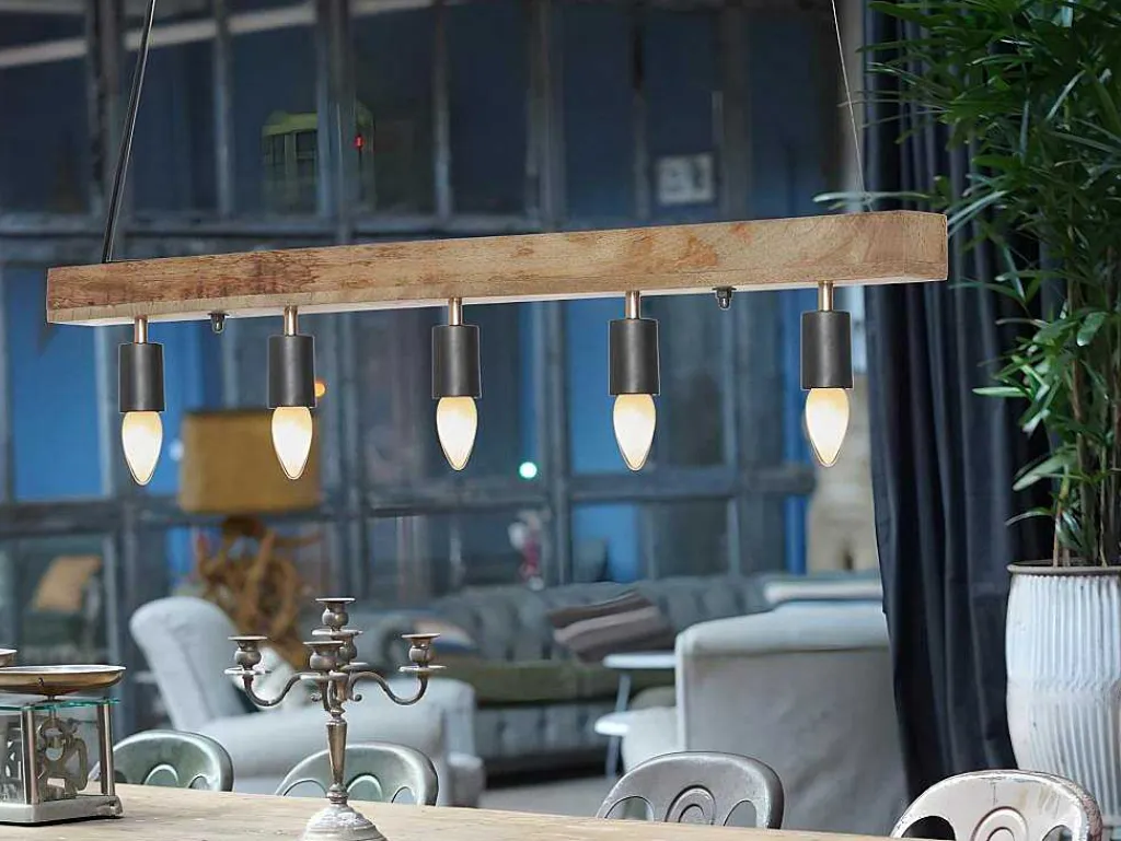 Hanglamp Van Hout Julbo Met 5 Lampen In Industriele Stijl - Hout En Metaal - H17,5 X L100 Cm - Naturel En Zwart-Vente-unique Discount