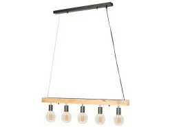 Hanglamp Van Hout Julbo Met 5 Lampen In Industriele Stijl - Hout En Metaal - H17,5 X L100 Cm - Naturel En Zwart-Vente-unique Discount