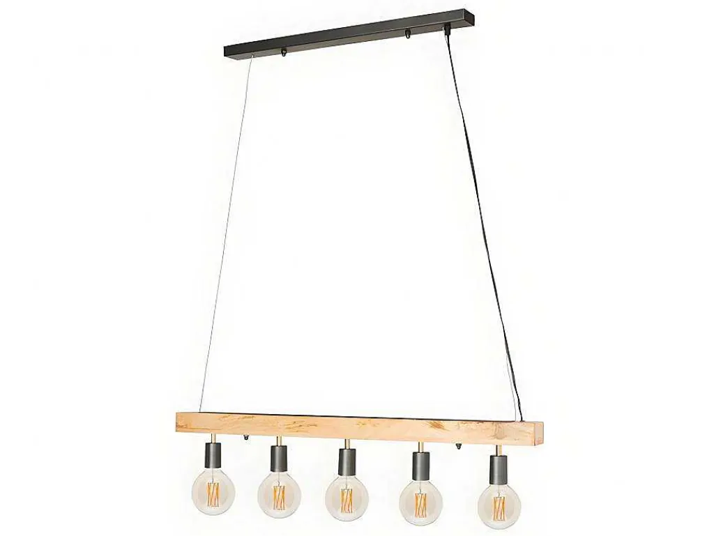 Hanglamp Van Hout Julbo Met 5 Lampen In Industriele Stijl - Hout En Metaal - H17,5 X L100 Cm - Naturel En Zwart-Vente-unique Discount