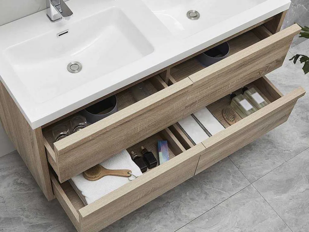 Hangmeubel Voor Badkamer Met Inbouwwastafel - Licht Naturel - 120 Cm - Quadra-Vente-unique Discount