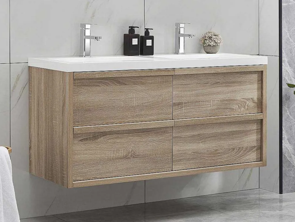 Hangmeubel Voor Badkamer Met Inbouwwastafel - Licht Naturel - 120 Cm - Quadra-Vente-unique Discount