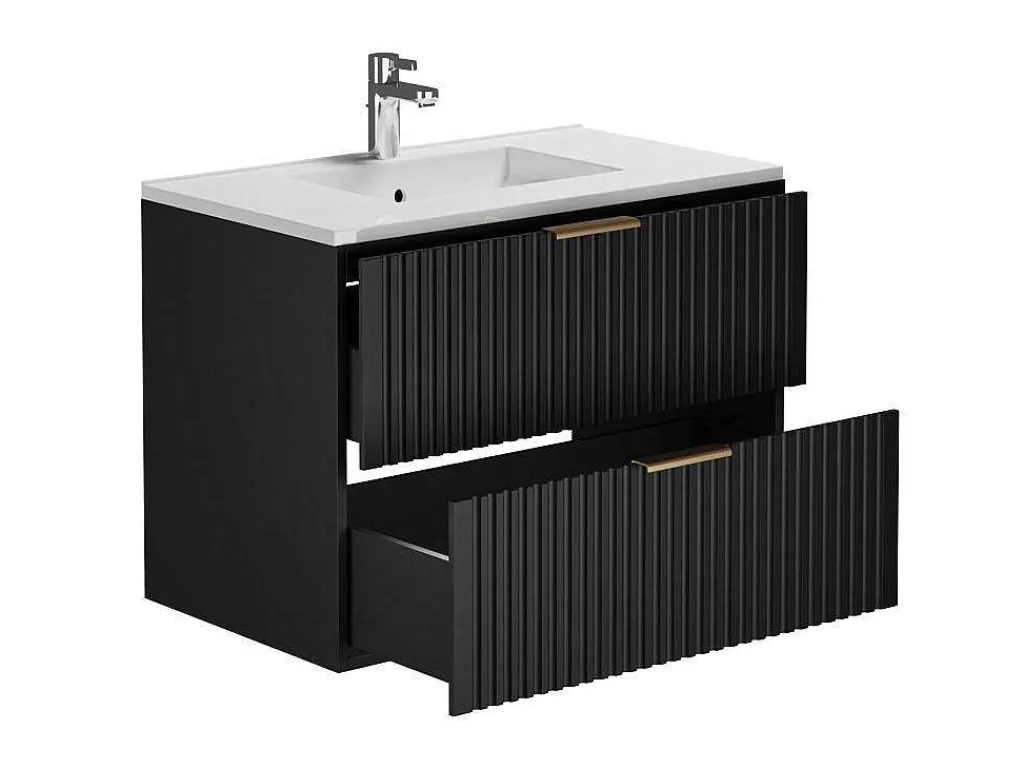 Hangmeubel Voor Badkamer Met Strepen Met Inbouwwastafel - Zwart - 80 Cm - Zevara-Vente-unique Discount