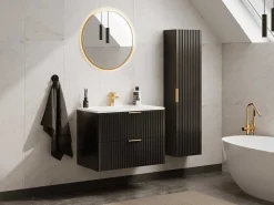 Hangmeubel Voor Badkamer Met Strepen Met Inbouwwastafel - Zwart - 80 Cm - Zevara-Vente-unique Discount