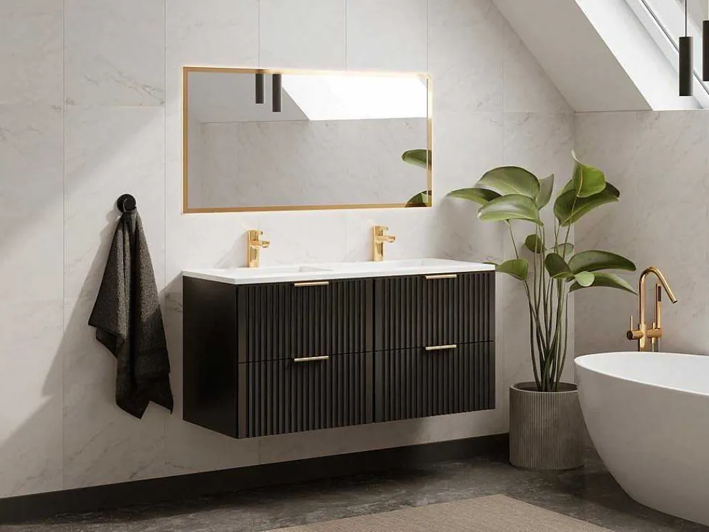 Hangmeubel Voor Badkamer Met Strepen Met Inbouwwastafel - Zwart - 120 Cm - Zevara-Vente-unique Online