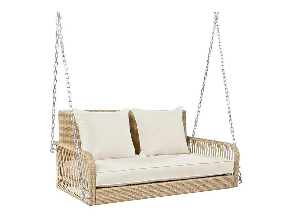 Hangstoel In Geweven Hars - Tuinschommel - 2 Plaatsen - Met Kussens - Beige-ModernLuxe Best