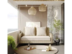 Hangstoel In Geweven Hars - Tuinschommel - 2 Plaatsen - Met Kussens - Beige-ModernLuxe Best