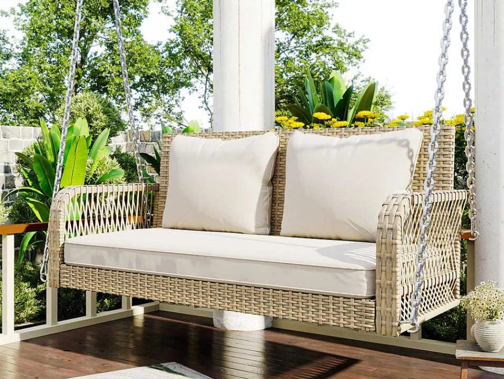 Hangstoel In Geweven Hars - Tuinschommel - 2 Plaatsen - Met Kussens - Beige-ModernLuxe Best