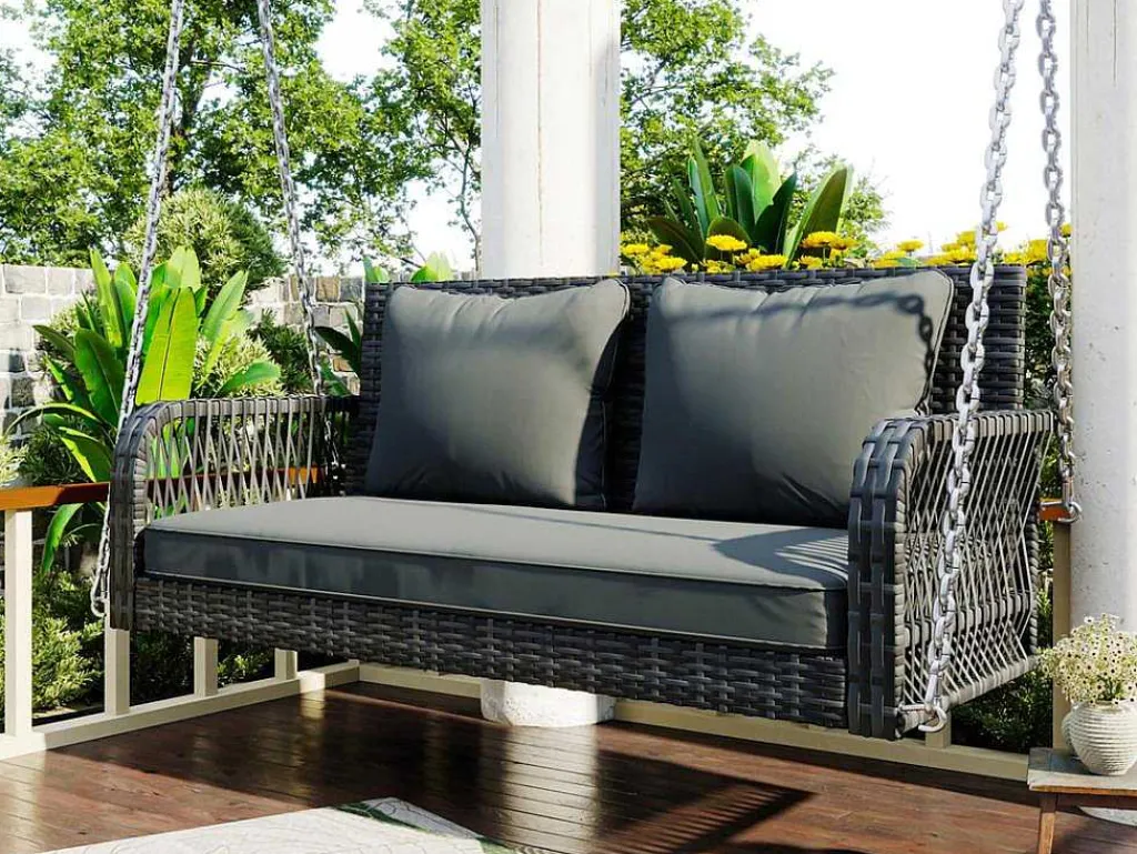 Hangstoel In Geweven Hars - Tuinschommel - 2 Plaatsen - Met Kussens - Grijs-ModernLuxe Sale