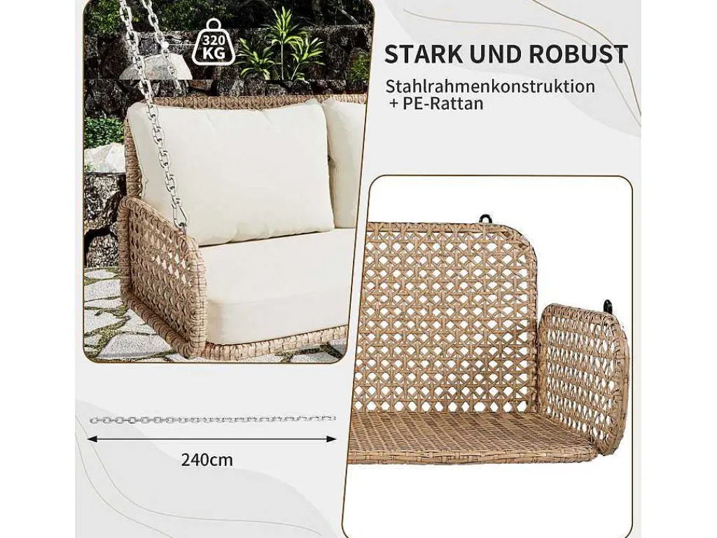 Hangstoel Van 240 Cm In Pe Rotan - 2 Plaatsen - Inclusief Kussens - Beige-Vente-unique New