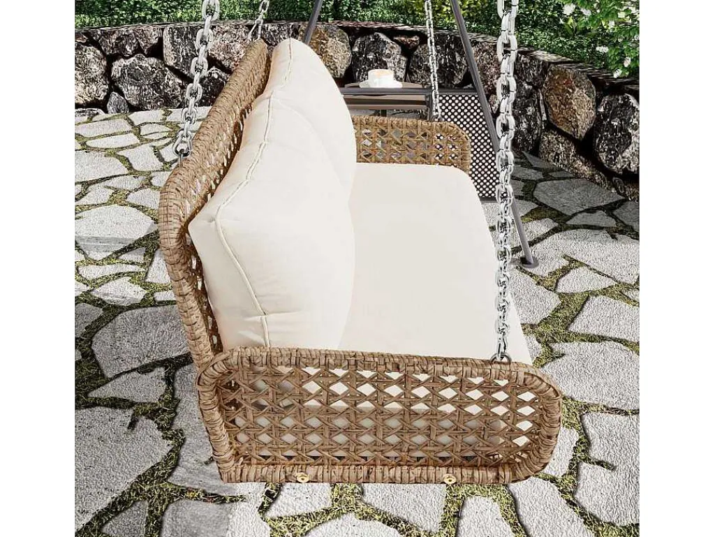 Hangstoel Van 240 Cm In Pe Rotan - 2 Plaatsen - Inclusief Kussens - Beige-Vente-unique New