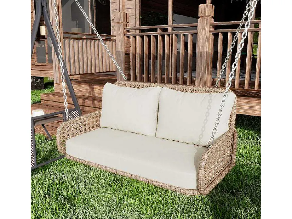 Hangstoel Van 240 Cm In Pe Rotan - 2 Plaatsen - Inclusief Kussens - Beige-Vente-unique New