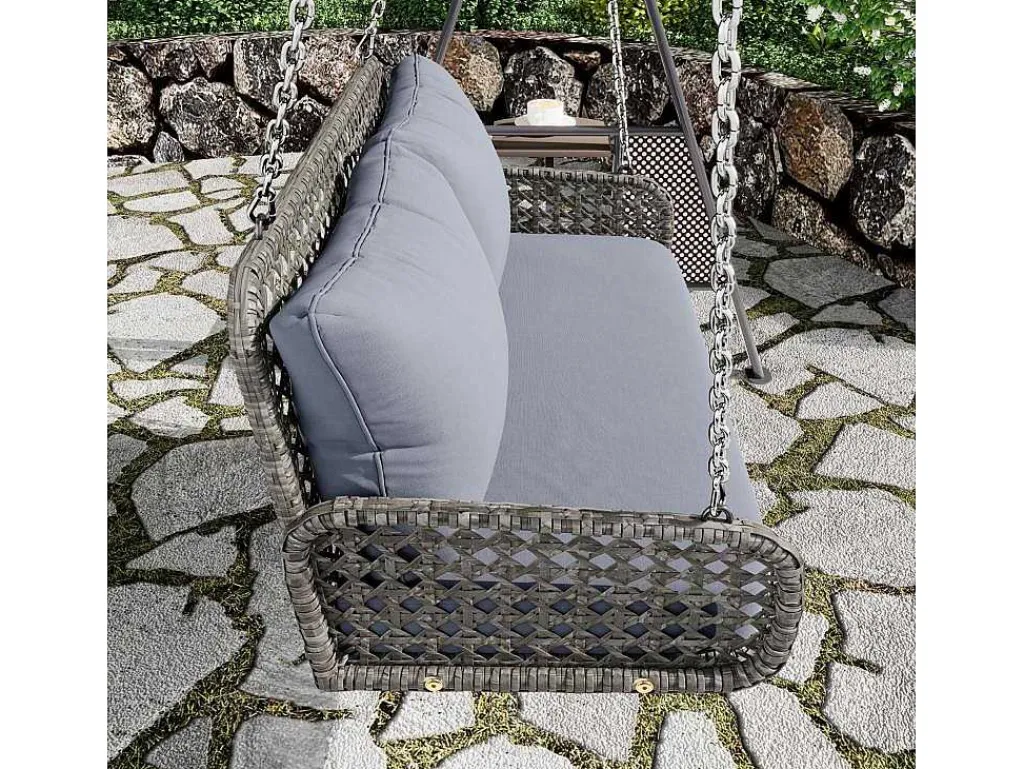 Hangstoel Van 240 Cm In Pe Rotan - 2 Plaatsen - Inclusief Kussens - Grijs-Vente-unique Best