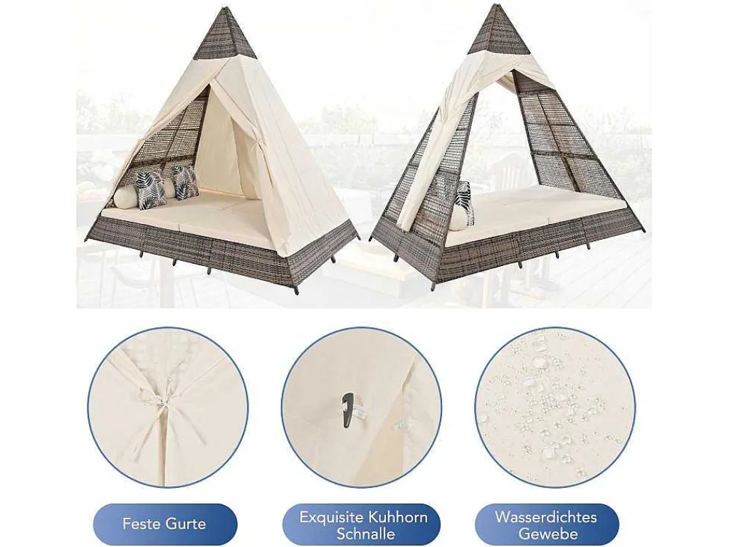 Hemel Tuinbed 2 Tot 4 Plaatsen - Grijs Rotan En Beige Deurgordijn - Inclusief Kussens - Voor Buiten-Vente-unique Online