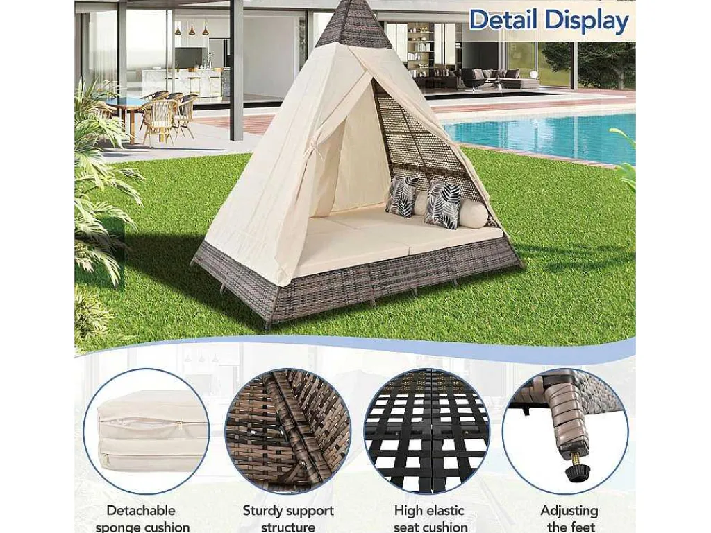 Hemel Tuinbed 2 Tot 4 Plaatsen - Grijs Rotan En Beige Deurgordijn - Inclusief Kussens - Voor Buiten-Vente-unique Online