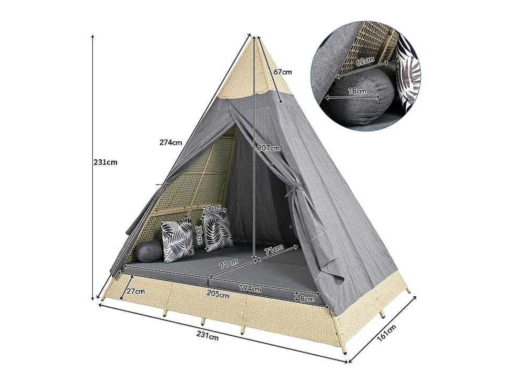 Hemel Tuinbed 2 Tot 4 Plaatsen - Beige Rotan En Grijs Deurgordijn - Inclusief Kussens - Voor Buiten-Vente-unique Best